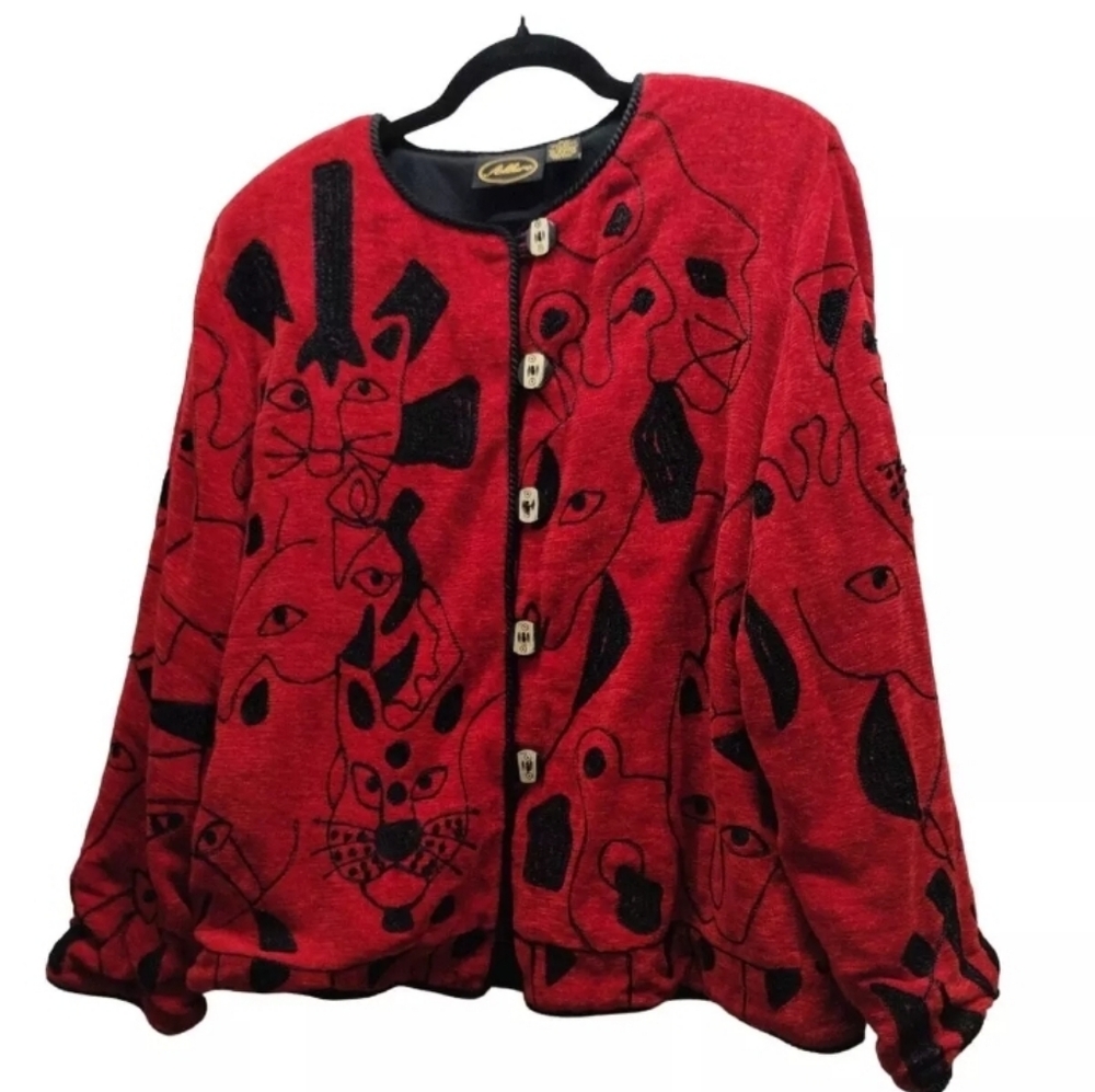 Allure Red / Black Jungle Zoo Animal Embroidered Button-Up Artsy Sweater Size XL